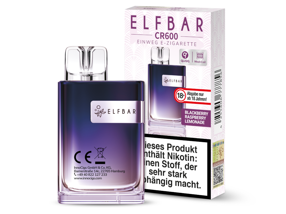 Elfbar CR600 Einweg E Zigarette Sorte Blackberry Raspberry Lemonade – violettblaues Gerät mit Verpackung