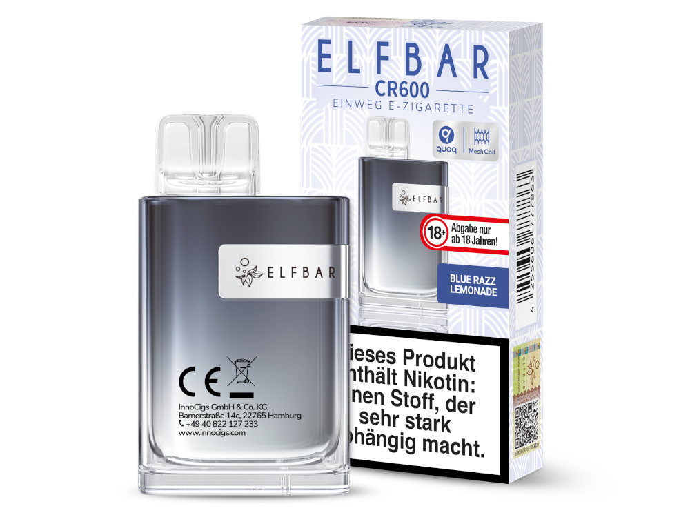 Elfbar CR600 Einweg E Zigarette Sorte Blue Razz Lemonade – graublaues Gerät mit Verpackung