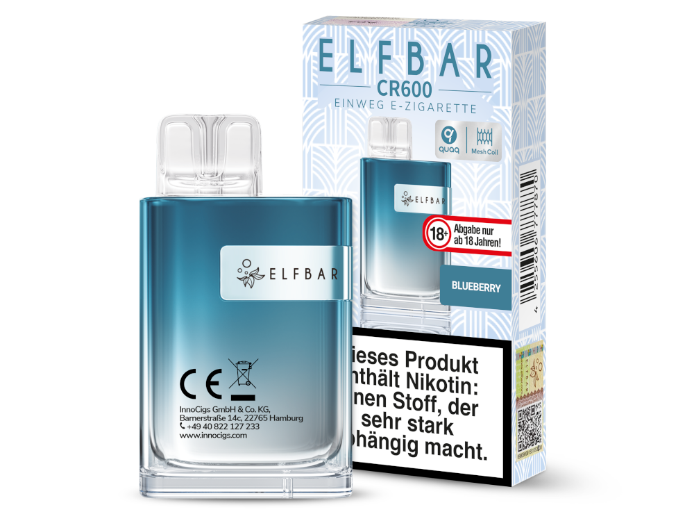 Elfbar CR600 Einweg E Zigarette Sorte Blueberry – blaues Gerät mit Verpackung