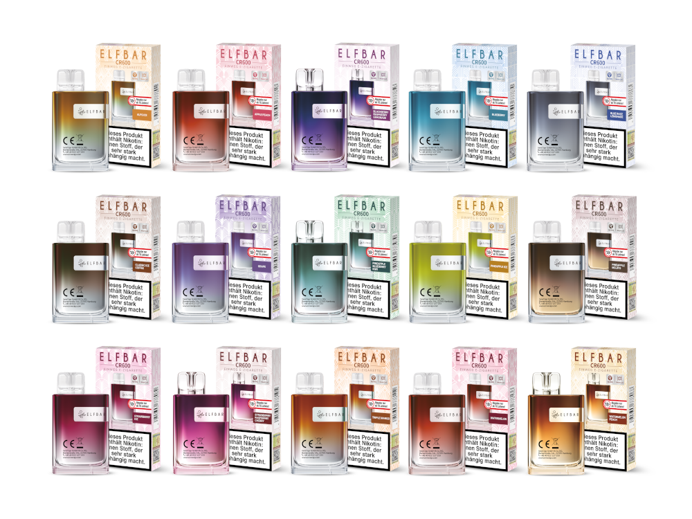 Bild mit mehreren Sorten Elfbar CR600 Einweg E Zigaretten – farbige Geräte und Verpackungen in unterschiedlichen Farben und Geschmacksrichtungen