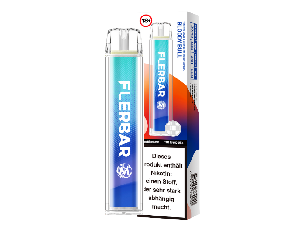 Flerbar M Einweg E-Zigarette Sorte Bloody Bull mit Verpackung – blaues Gerät und passende Schachtel.