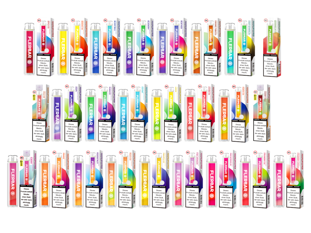 Bild mit 25 Sorten Flerbar M Einweg E-Zigaretten – farbenfrohe Pods und Verpackungen im Überblick.