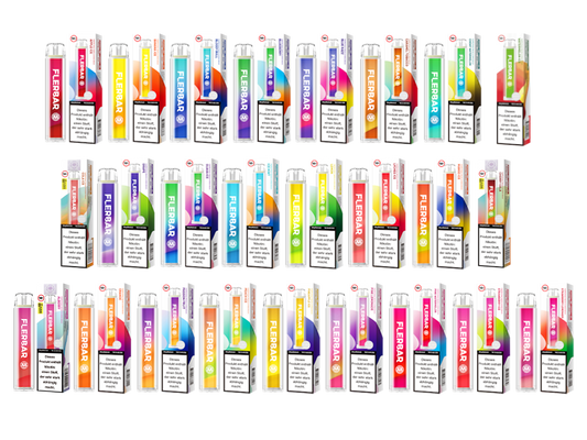 Bild mit 25 Sorten Flerbar M Einweg E-Zigaretten – farbenfrohe Pods und Verpackungen im Überblick.
